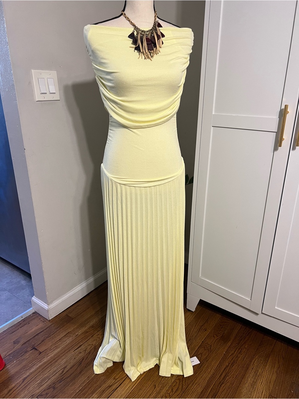 Rumored Light Yellow Off-Shoulder Pleated Maxi Dress
